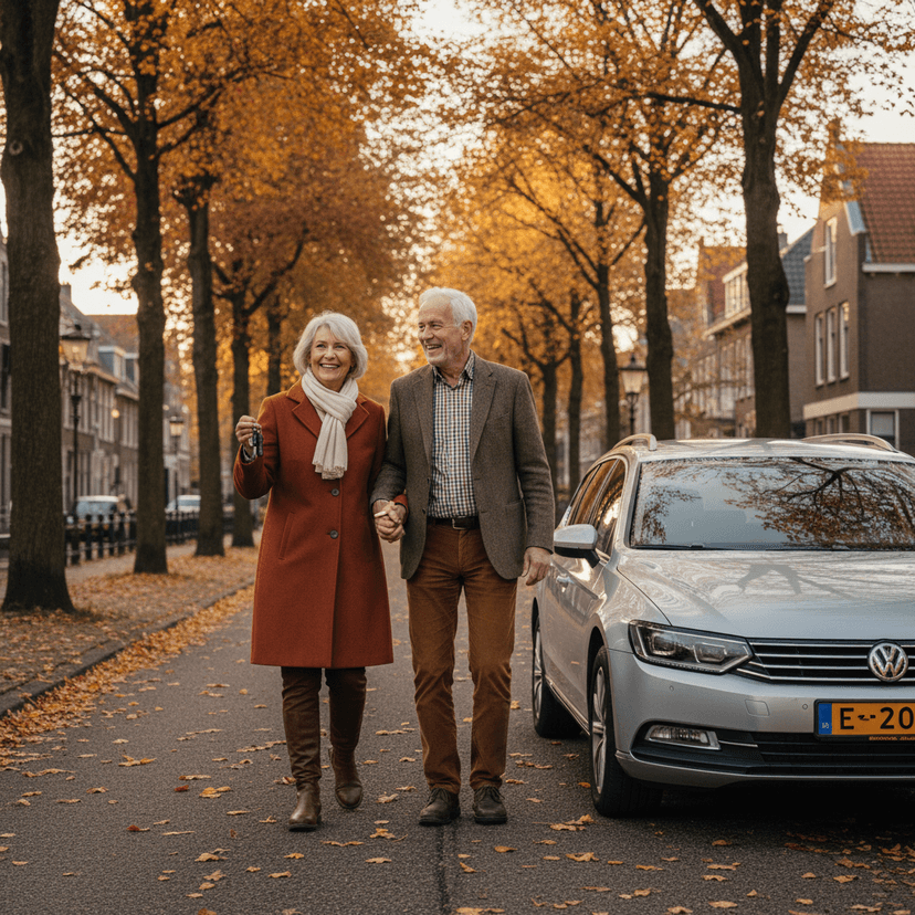 Gelukkig ouder echtpaar loopt naar hun auto