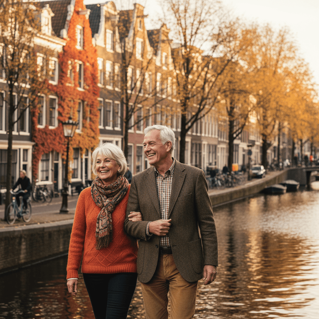 Ouder echtpaar wandelt langs Amsterdamse gracht