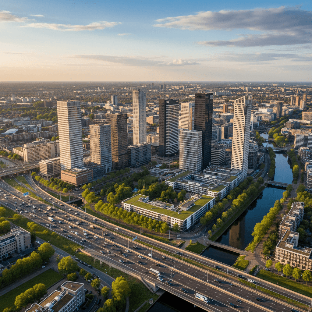 Amsterdam Zuidas skyline met A10 snelweg