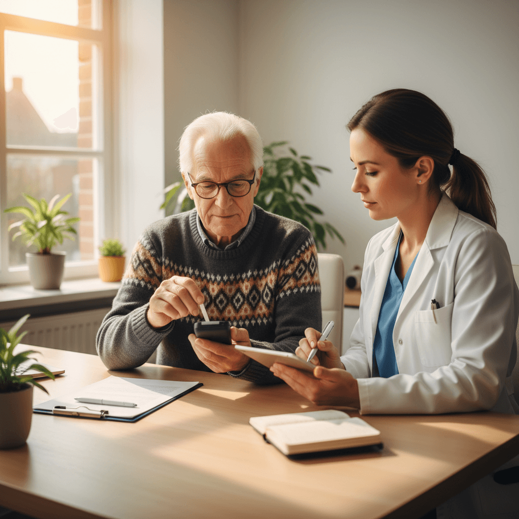 Patient controleert bloedsuiker bij de arts tijdens rijbewijskeuring