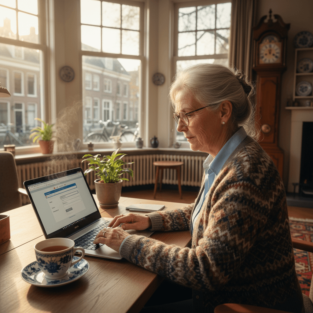 Oudere vrouw vult gezondheidsverklaring in op laptop