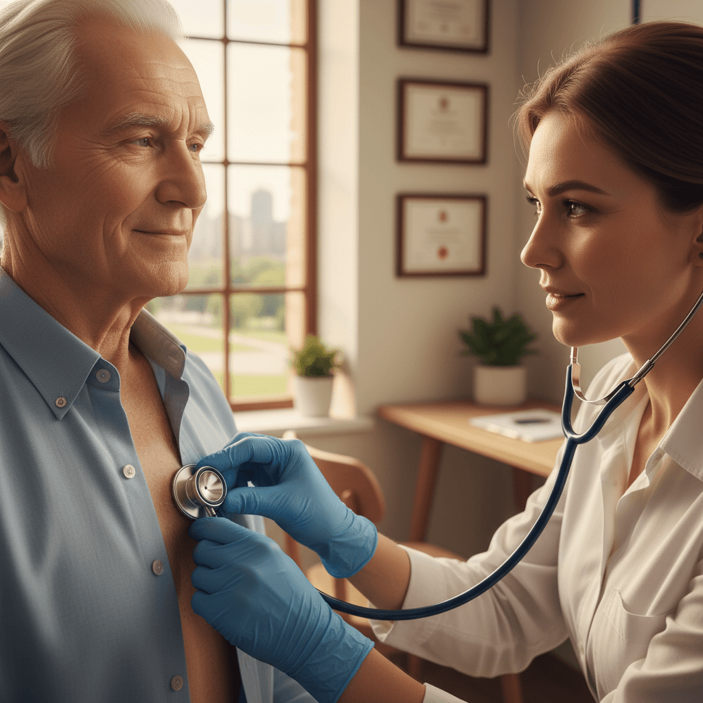 Arts luistert met stethoscoop naar het hart van patient