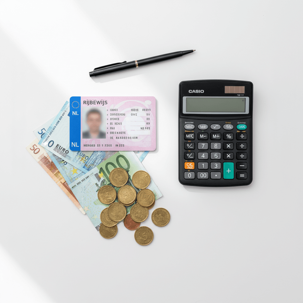 Rijbewijs met rekenmachine en euro bankbiljetten op bureau