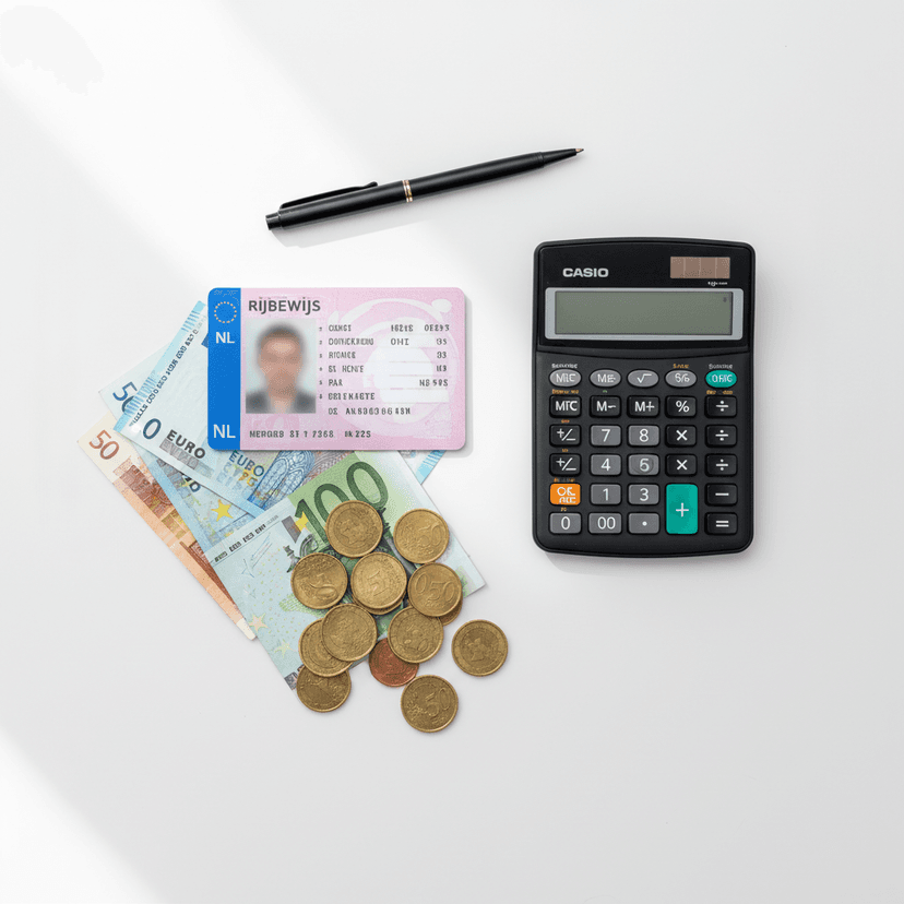 Rijbewijs met rekenmachine en euro bankbiljetten op bureau