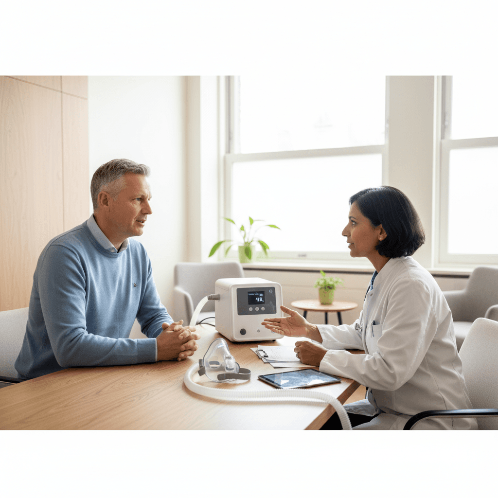 Consultatie over slaapapneu met CPAP apparaat op bureau