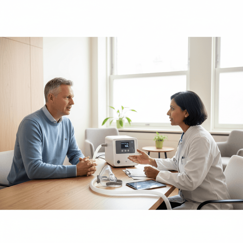 Consultatie over slaapapneu met CPAP apparaat op bureau