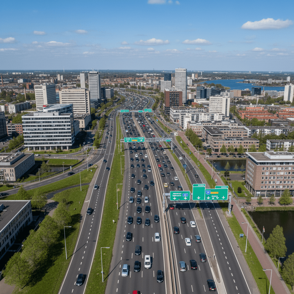 A10 snelweg bij Amsterdam met kantoorgebouwen