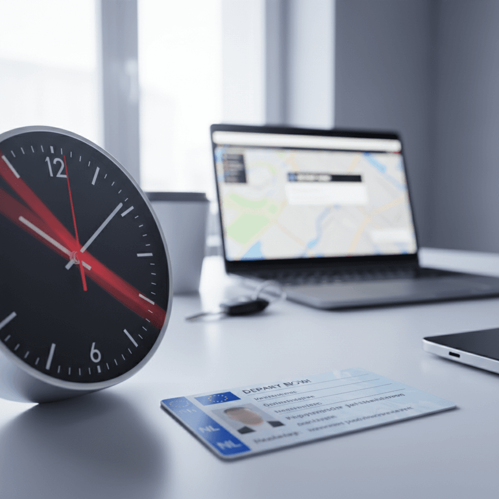 Klok en rijbewijs op bureau voor spoedkeuring