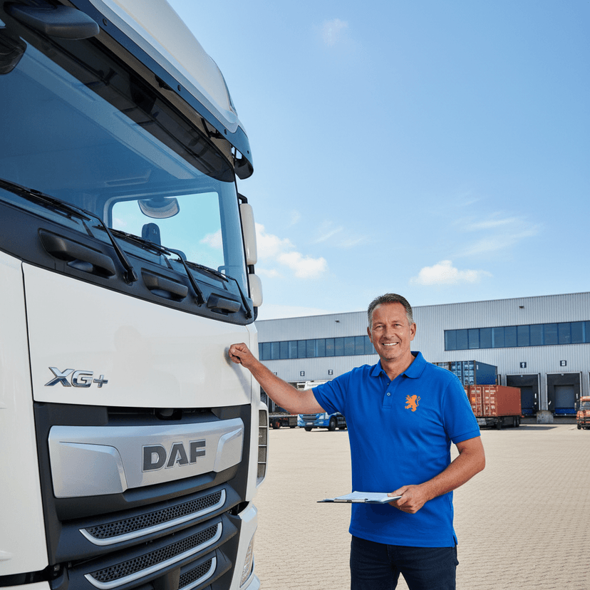 Vrachtwagenchauffeur naast zijn truck