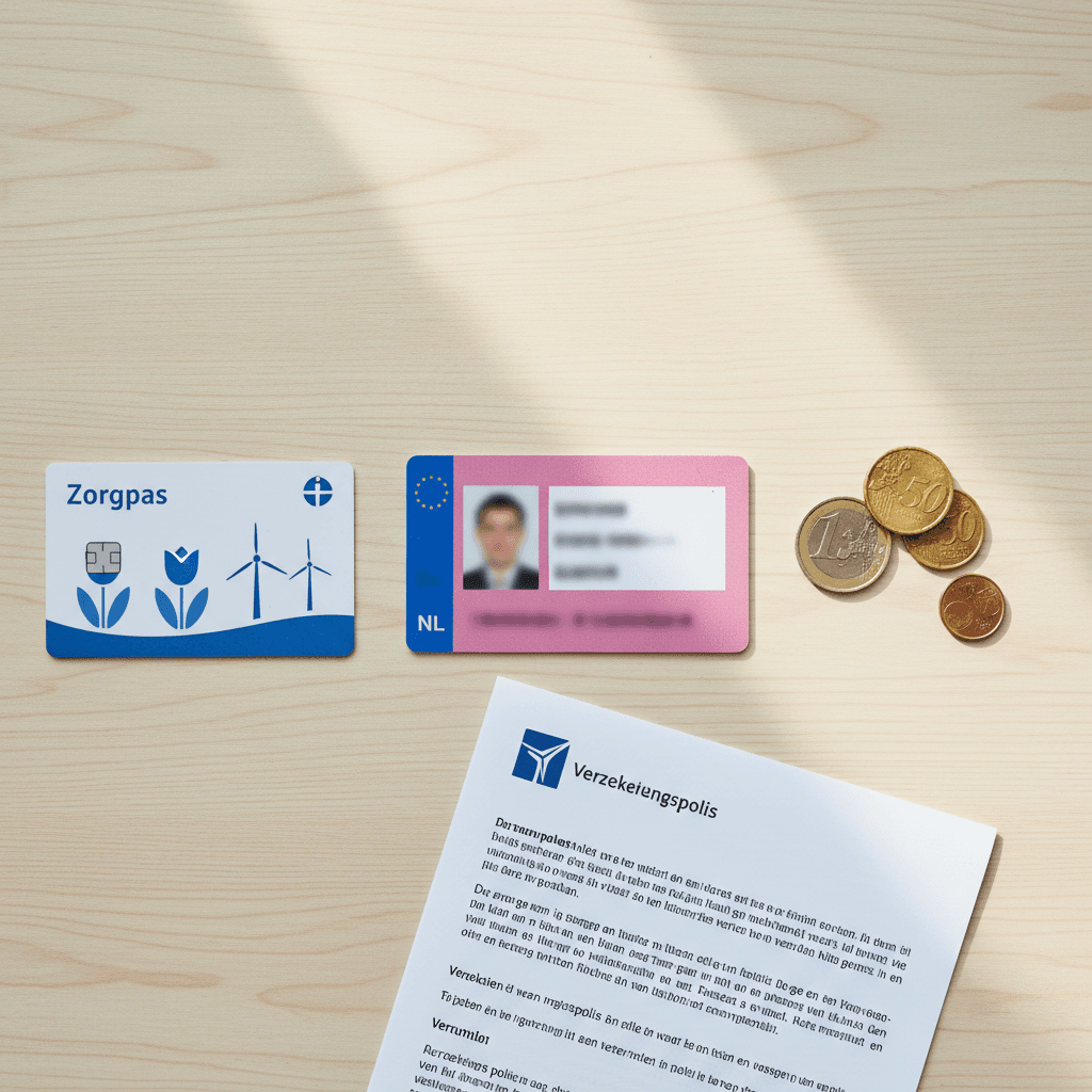 Zorgpas en rijbewijs met verzekeringspolis op bureau