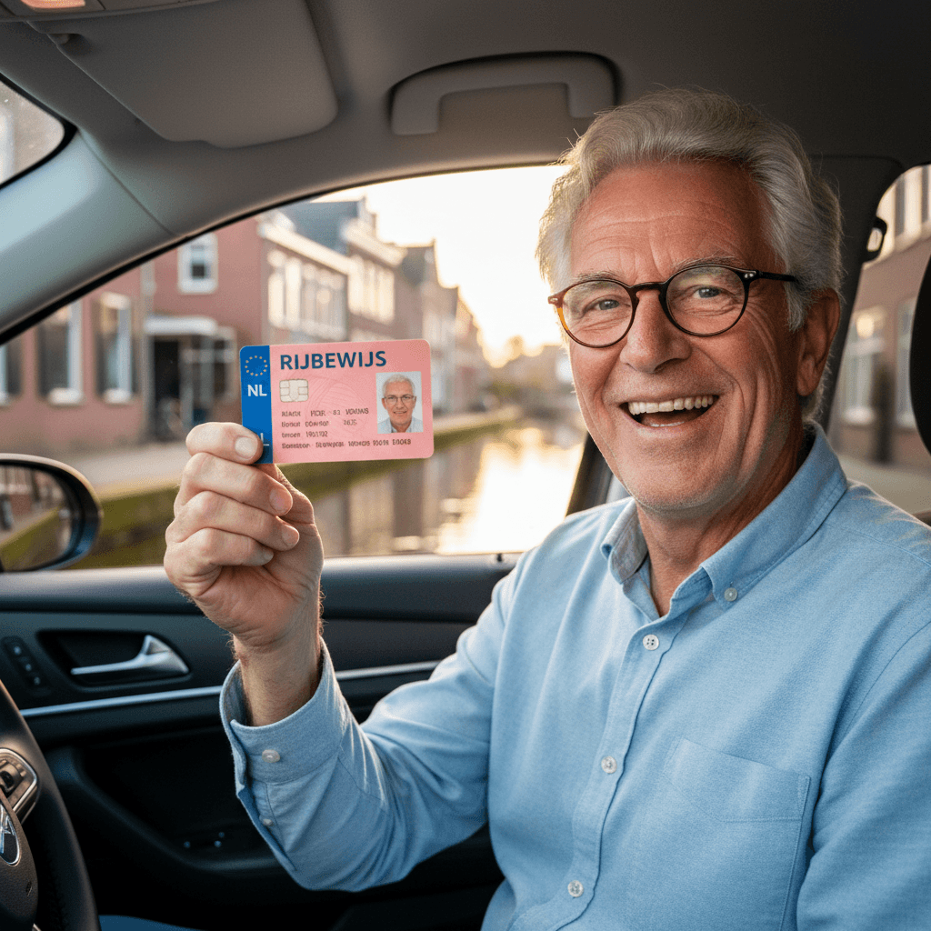 Tevreden senior na rijbewijskeuring