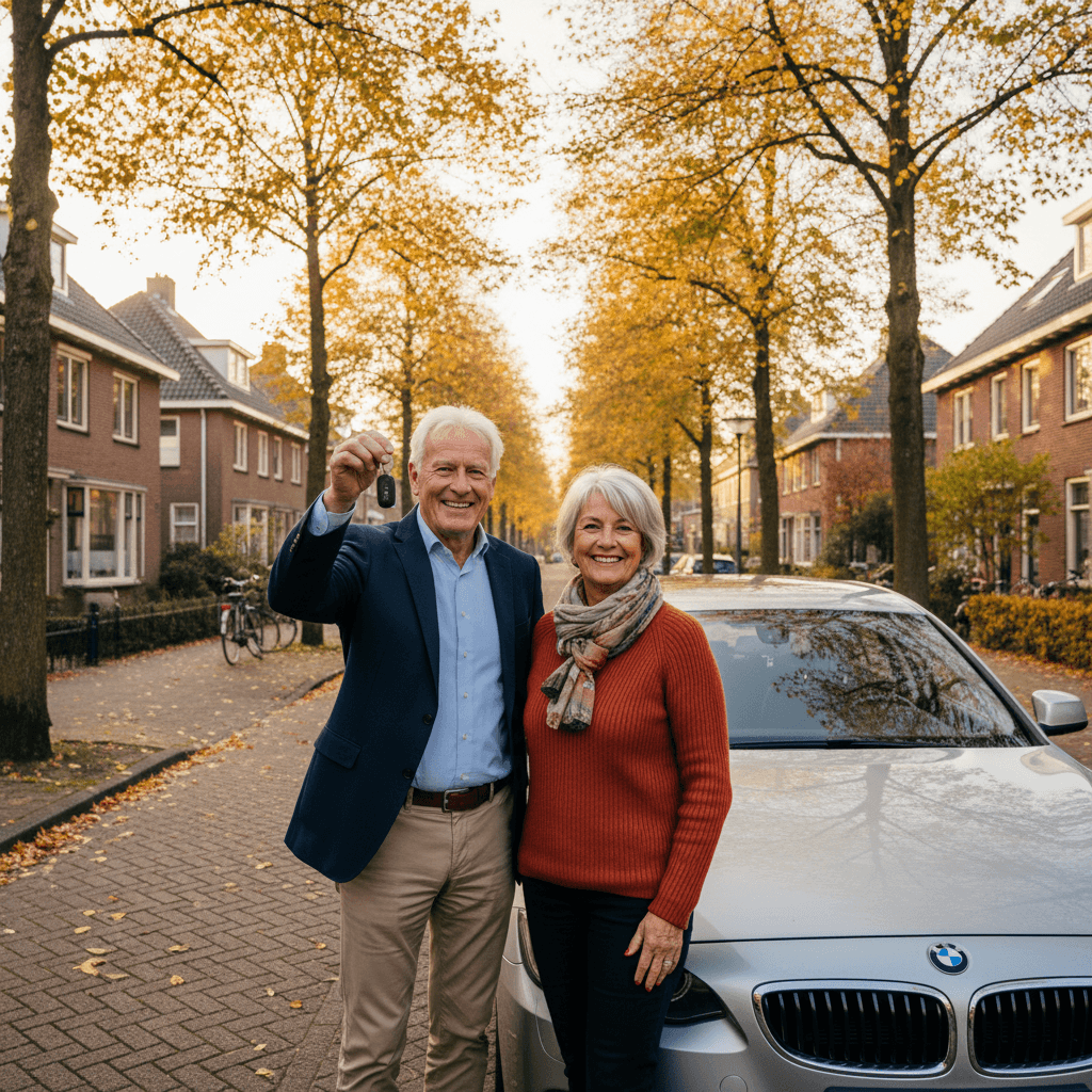 Ouder echtpaar bij hun auto in een Amsterdamse straat, met de autosleutel in de hand
